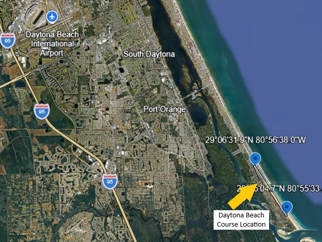 Map showing Daytona Beach area with marked course location, including nearby landmarks and highways.
