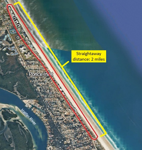 Aerial map of Ponce Inlet, highlighting a 2-mile straightaway distance along the beach, with pathways and nearby structures indicated.